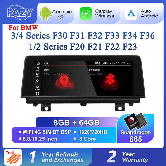 Android 12 Wireless Carplay Auto Radio Screen For BMW 1 2 3 4 Series F20 F21 F22 F30 F31 F32 F33 F34  Multimedia Player Navi GPS