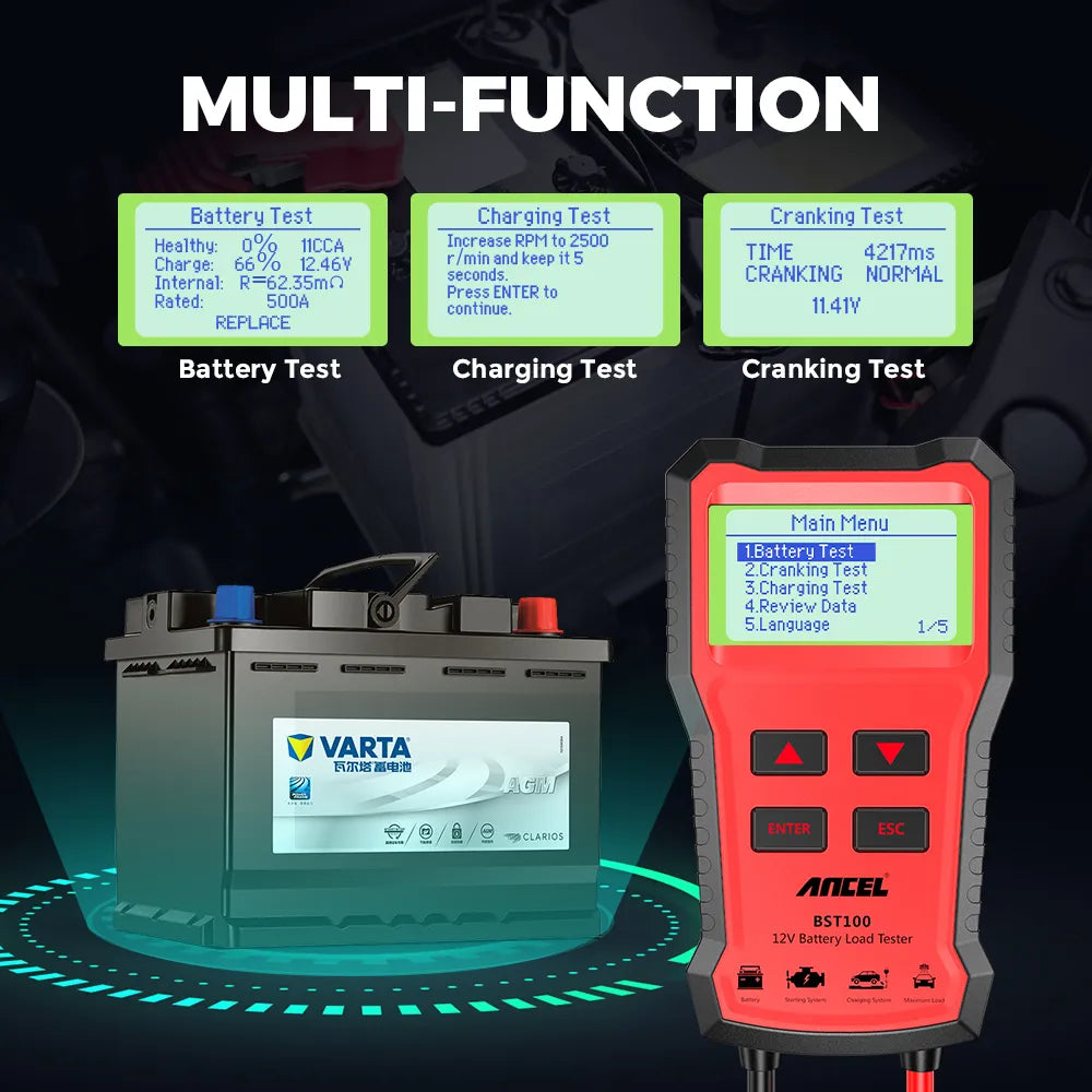 ANCEL BST100 Car Battery Tester 12V 220Ah 2000CCA Multilingual Battery Test Tool for the Car Cranking Charging Test PK BM550